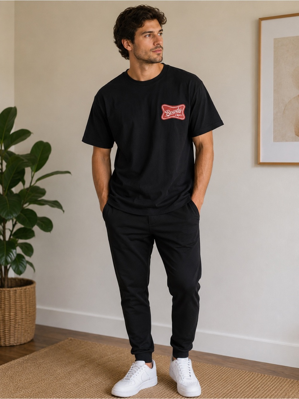 Rowdy Black Graphic Logo T-Shirt XL Vintage-Inspired Back Print Tee